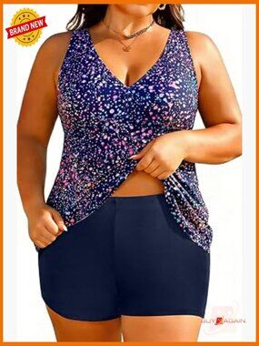 Plus Size Swim 2 Piece Tankini Set Flowy Tummy Control Athletic Swimwear